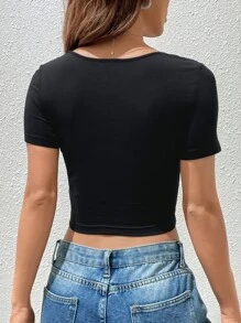 SHEIN Coolane Rhinestone Letter & Heart Pattern Crop Tee - Black - View 2