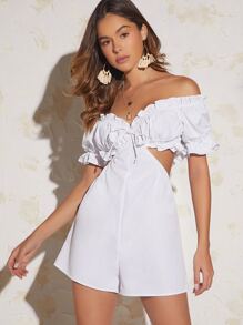 Soleia Off Shoulder Tie Front Cut Out Waist Frill Trim Romper - White - View 1