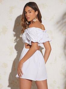 Soleia Off Shoulder Tie Front Cut Out Waist Frill Trim Romper - White - View 2