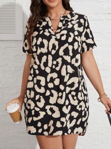 SHEIN LUNE Plus Allover Print Notched Neckline Dress - Apricot - View 4