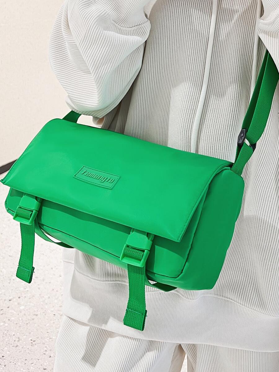 Release Buckle Decor Messenger Bag Neon Green Funky, Handbag Schoolbag Sling Bag Sport Bag for High School University Student for Travel College School - Green - View 1