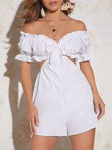 Soleia Off Shoulder Tie Front Cut Out Waist Frill Trim Romper - White - View 4