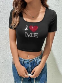 SHEIN Coolane Rhinestone Letter & Heart Pattern Crop Tee - Black - View 5