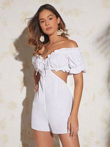 Soleia Off Shoulder Tie Front Cut Out Waist Frill Trim Romper - White - View 5