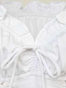 Soleia Off Shoulder Tie Front Cut Out Waist Frill Trim Romper - White - View 6