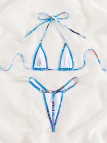 Tie Dye Bikini Set Halter Micro Triangle Bra & V-String Bikini Bottom 2 Pieces Bikini Summer Beach - Multicolor - View 2