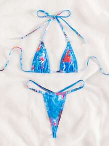Tie Dye Bikini Set Halter Micro Triangle Bra & V-String Bikini Bottom 2 Pieces Bikini Summer Beach - Multicolor - View 3