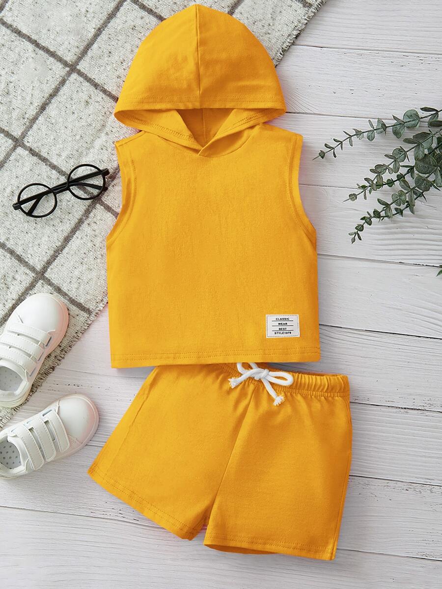 SHEIN Leap Crew Baby Boy Letter Patched Detail Hooded Tank Top & Drawstring Waist Shorts - Mustard Yellow - View 1