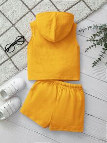 SHEIN Leap Crew Baby Boy Letter Patched Detail Hooded Tank Top & Drawstring Waist Shorts - Mustard Yellow - View 2