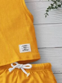 SHEIN Leap Crew Baby Boy Letter Patched Detail Hooded Tank Top & Drawstring Waist Shorts - Mustard Yellow - View 3