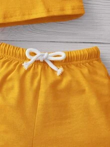 SHEIN Leap Crew Baby Boy Letter Patched Detail Hooded Tank Top & Drawstring Waist Shorts - Mustard Yellow - View 4