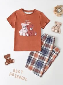 Teddy Bear Plaid Printed Round Neck Short Sleeve & Long Pants Pajama Set For Tween Girls, All Seasons - Multicolor - View 1
