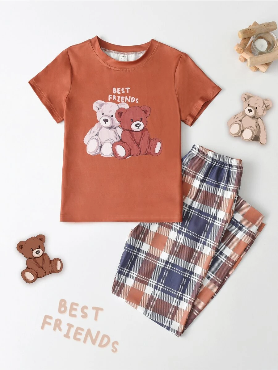 Teddy Bear Plaid Printed Round Neck Short Sleeve & Long Pants Pajama Set For Tween Girls, All Seasons - Multicolor - View 1