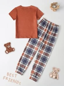 Teddy Bear Plaid Printed Round Neck Short Sleeve & Long Pants Pajama Set For Tween Girls, All Seasons - Multicolor - View 2