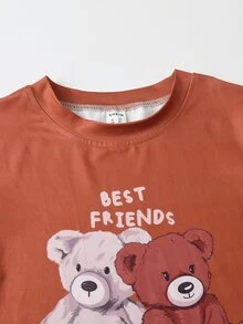 Teddy Bear Plaid Printed Round Neck Short Sleeve & Long Pants Pajama Set For Tween Girls, All Seasons - Multicolor - View 4