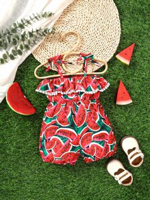 Baby Watermelon Print Ruffle Trim Cami Romper - Red - View 1