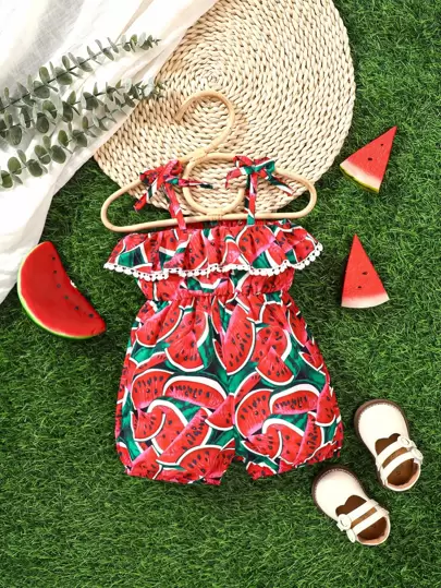 Baby Watermelon Print Ruffle Trim Cami Romper