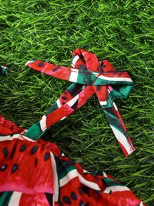 Baby Watermelon Print Ruffle Trim Cami Romper - Red - View 3