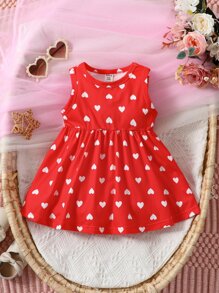 Baby Girl Heart Print Dress - Red - View 1