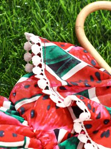 Baby Watermelon Print Ruffle Trim Cami Romper - Red - View 4