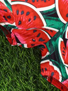 Baby Watermelon Print Ruffle Trim Cami Romper - Red - View 6