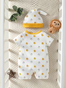 SHEIN Newborn Baby Boy Cartoon Graphic Contrast Binding Romper - White - View 2