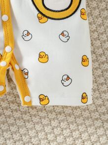 SHEIN Newborn Baby Boy Cartoon Graphic Contrast Binding Romper - White - View 6
