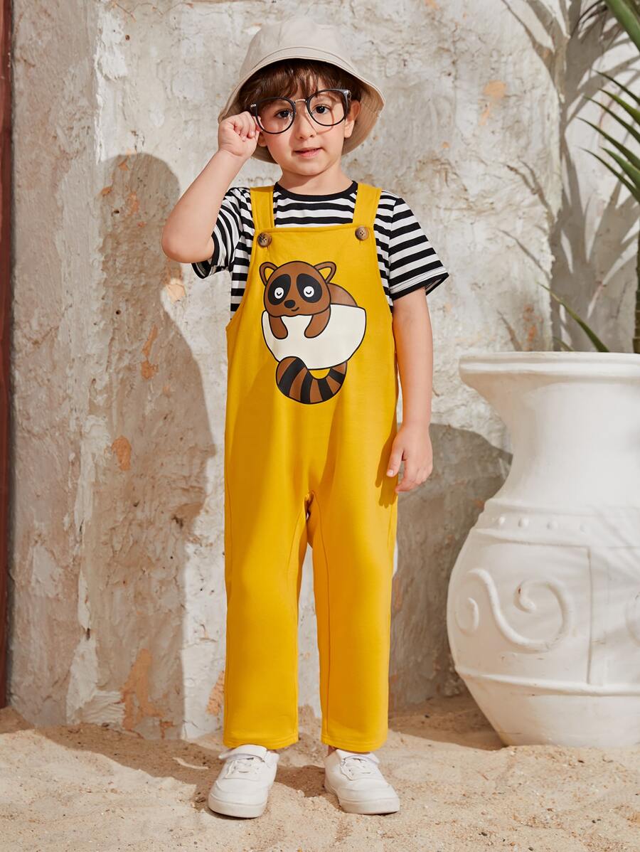 SHEIN Toddler Boys Cartoon Graphic Overall Jumpsuit Without Tee - Yellow - View 1