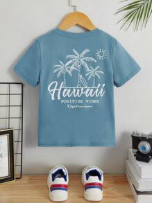 SHEIN Toddler Boys Coconut Tree & Letter Graphic Tee - Dusty Blue - View 1