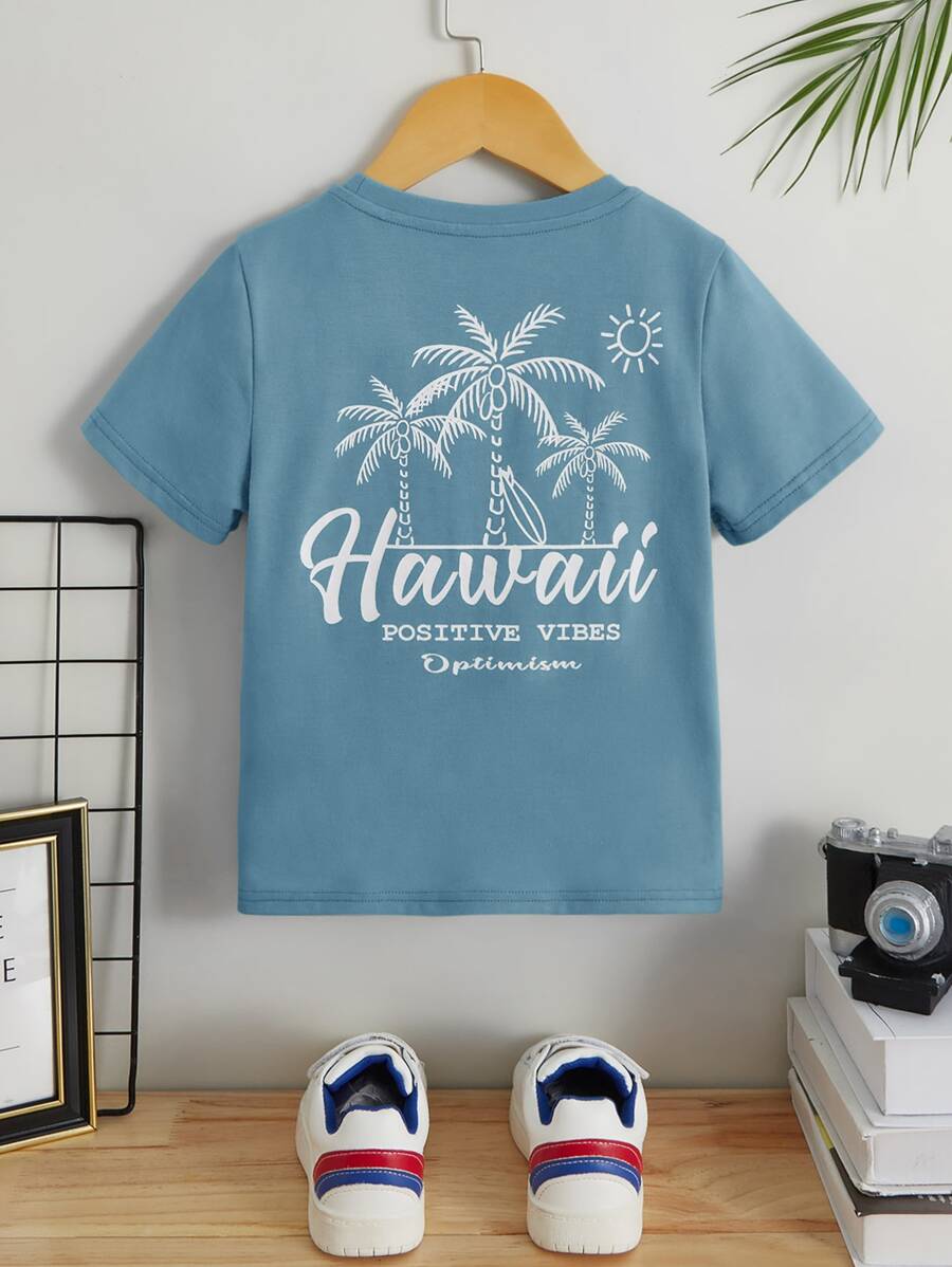SHEIN Toddler Boys Coconut Tree & Letter Graphic Tee - Dusty Blue - View 1