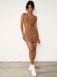 SHEIN BASICS Solid Crop Cami Top & Bodycon Skirt - Camel - View 5