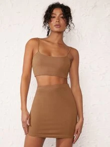 SHEIN BASICS Solid Crop Cami Top & Bodycon Skirt - Camel - View 3