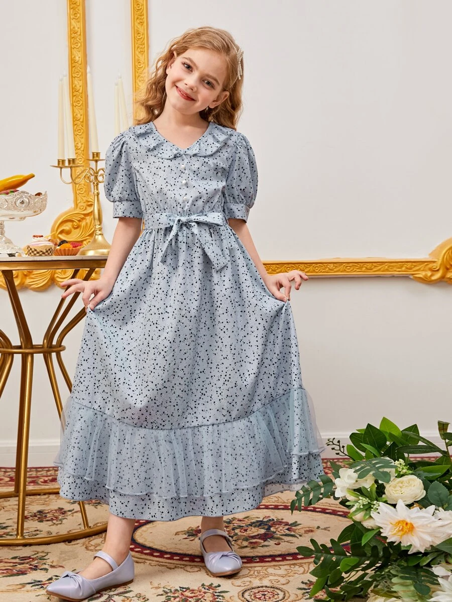 Girls 1pc Ditsy Floral Print Puff Sleeve Ruffle Trim Belted Dress - Baby Blue - View 1