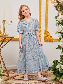 Girls 1pc Ditsy Floral Print Puff Sleeve Ruffle Trim Belted Dress - Baby Blue - View 3