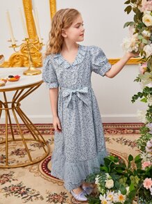 Girls 1pc Ditsy Floral Print Puff Sleeve Ruffle Trim Belted Dress - Baby Blue - View 5