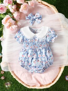 SHEIN 嬰兒印花彼得潘領泡泡袖連體衣和頭巾 - 淺藍色 - 查看 1