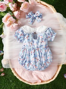 SHEIN 嬰兒印花彼得潘領泡泡袖連體衣和頭巾 - 淺藍色 - 查看 2