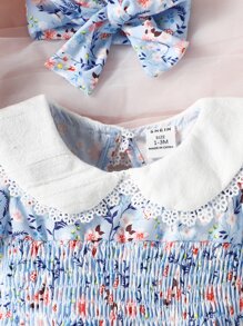 SHEIN 嬰兒印花彼得潘領泡泡袖連體衣和頭巾 - 淺藍色 - 查看 5