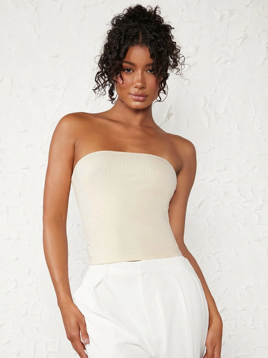 SHEIN BASICS Solid Ribbed Knit Tube Top - Beige - View 1