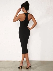 SHEIN BASICS 素色繞頸工字緊身連衣裙 - 黑色 - 查看 2