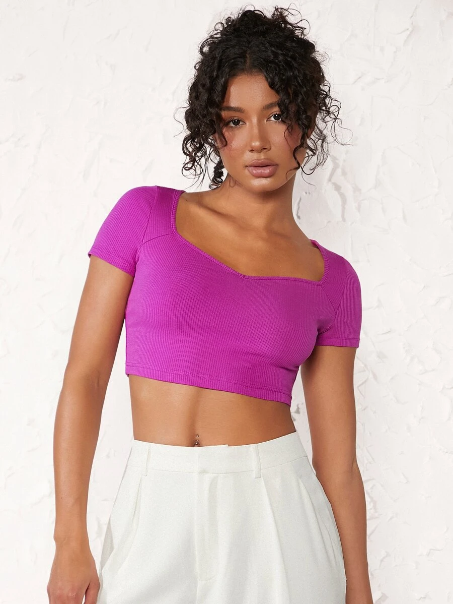 SHEIN BASICS Sweetheart Neck Crop Tee - Hot Pink - View 1