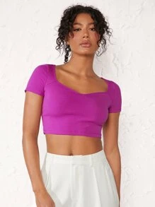 SHEIN BASICS Sweetheart Neck Crop Tee - Hot Pink - View 4