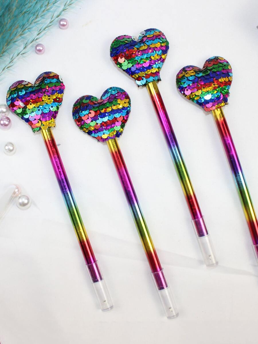 1peça Caneta rollerball em gel lantejoula decoração de coração cor gradiente gel simples portátil para escola estudante - Multicolorido - Ver 1