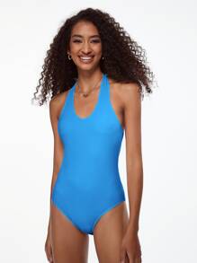 SHEIN BASICS 純色露背無袖連體衣 - 藍色 - 查看 1