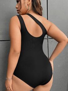 SHEIN EZwear Áo liền quần chặt Kích thước lớn Bất đối xứng Cắt ra màu trơn Giải trí - màu đen - Xem 2