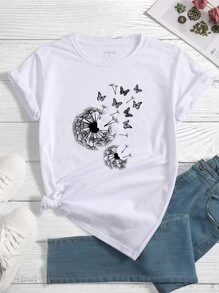 SHEIN LUNE Áo thun nữ Thực vật Loại bướm Giải trí - trắng - Xem 1