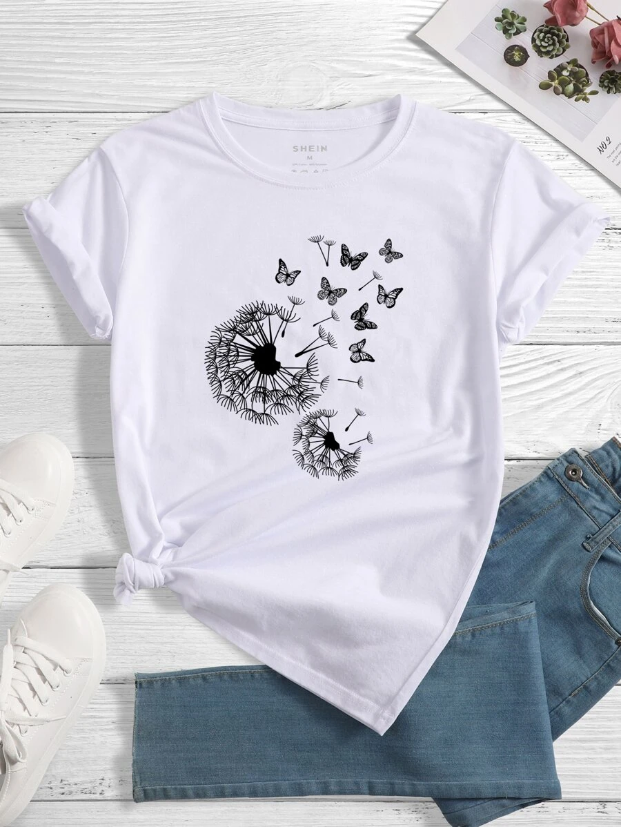 SHEIN LUNE Áo thun nữ Thực vật Loại bướm Giải trí - trắng - Xem 1