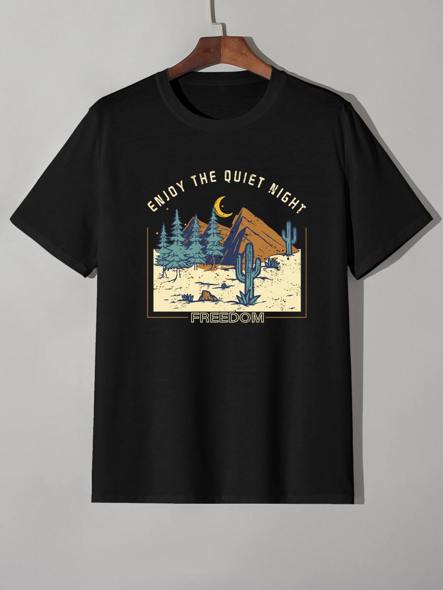 Manfinity Men Cactus & Slogan Graphic Tee - Black - View 1