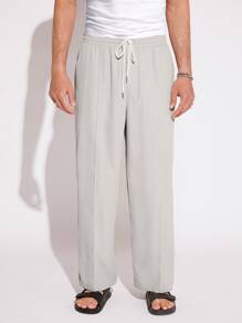 GENTILAND Men Drawstring Waist Straight Leg Trousers - Light Grey - View 1