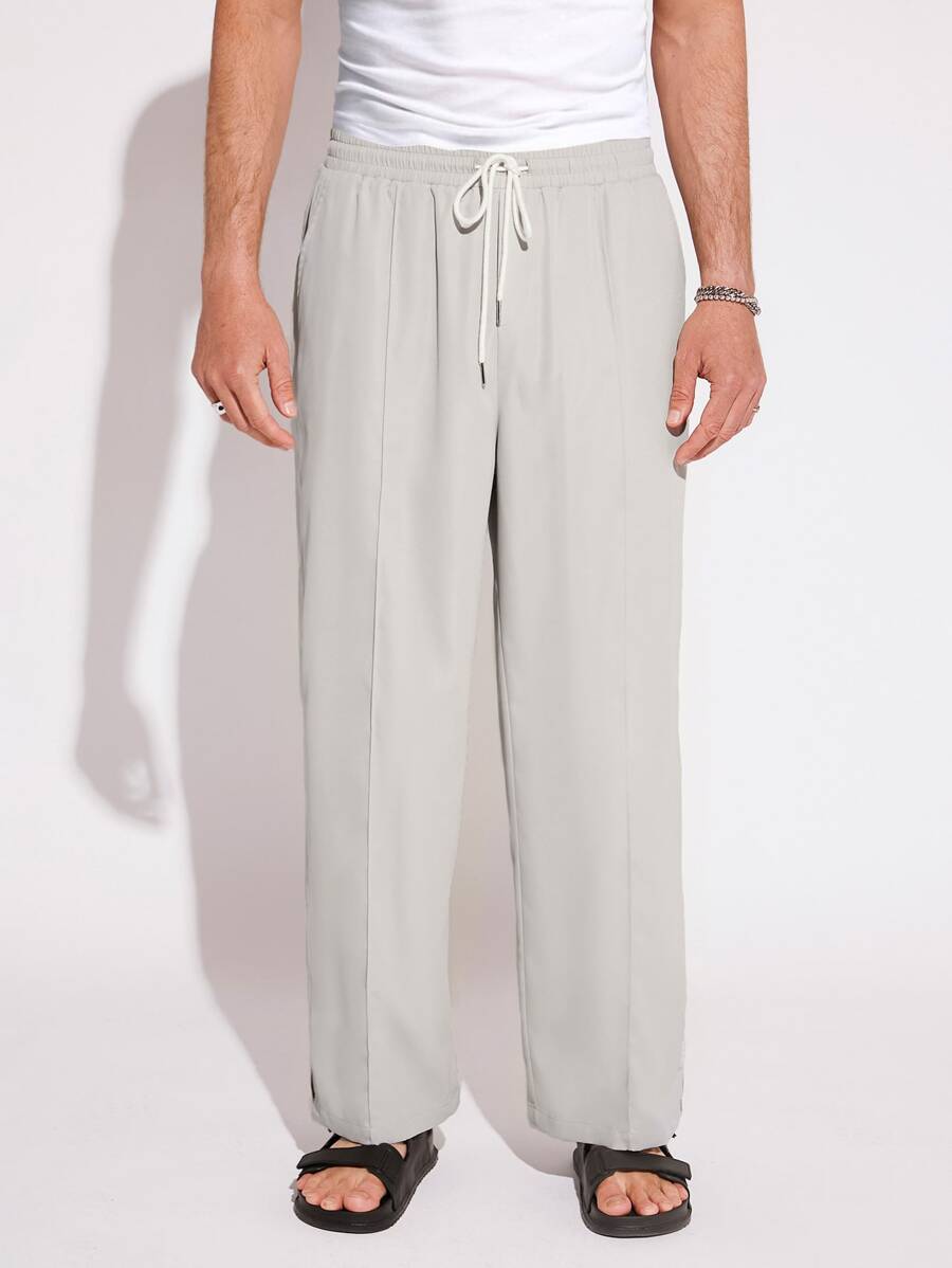 GENTILAND Men Drawstring Waist Straight Leg Trousers - Light Grey - View 1